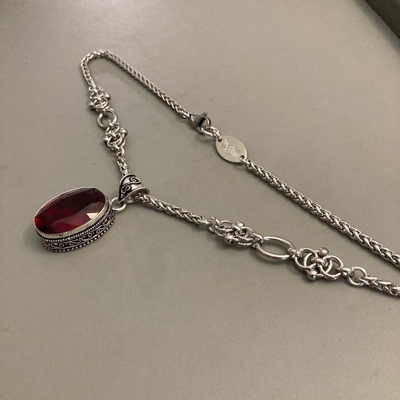 925 sterling silver overlay charm red garnet cz stone stainless steel necklace - Picture 7 of 16